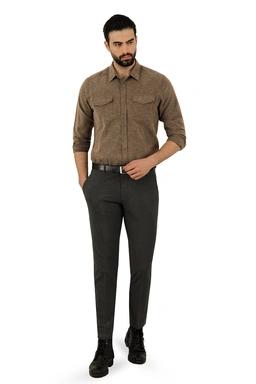 پیراهن طرح چهارخانه دو جیب در دار پشمی مردانه رنگ قهوه ای ، از برند پاتن جامه. 