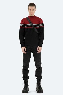 پلیور بافت مردانه ، یقه گرد سر آستین دور کمر و یقه کشبافت، رنگ مشکی قرمز طرح دار. 