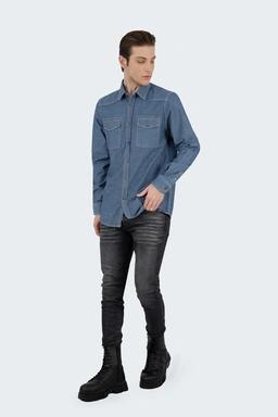 پیراهن آستین بلند مردانه جین ، دو جیب در دار ، رنگ جین روشن ، خرید آنلاین پیراهن مردانه با ارسال رای