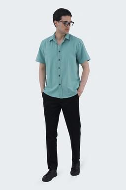 پیراهن آستین کوتاه مردانه یقه برگردان ، پیراهن رگولار سبز لینن ارسال سریع و رایگان.