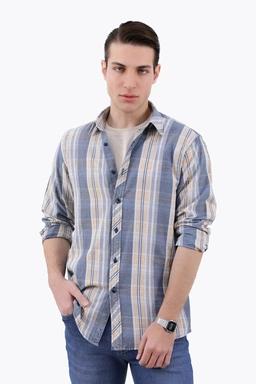 پیراهن آستین بلند مردانه طرح چهارخانه نارنجی آبی ، خرید پیراهن مردانه طرح دار ارسال سریع و رایگان. 