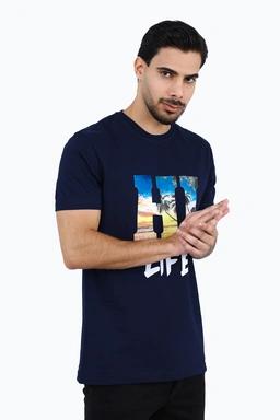  خرید تی شرت آستین کوتاه مردانه چاپدار رنگ سرمه ای چاپدار ، تیشرت یقه گرد خرید و ارسال رایگان. 