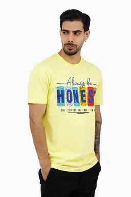  خرید تی شرت آستین کوتاه مردانه چاپدار رنگ لیمویی چاپدار ، تیشرت یقه گرد خرید و ارسال رایگان. 