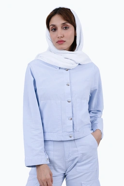 کت کوتاه زنانه ، خرید از برند پاتن جامه ، کت کتان زنانه کوتاه آستین سه ربع رنگ یاسی.