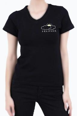 خرید تیشرت زنانه یقه گرد آستین کوتاه طرح دار ، رنگ مشکی مدل جذب تولید برند پاتن جامه.