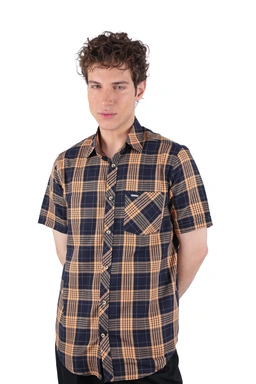 پیراهن آستین کوتاه کلاسیک مردانه طرح چهارخانه سرمه ای و نارنجی
