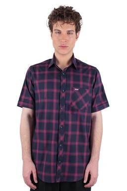 پیراهن آستین کوتاه کلاسیک مردانه طرح چهارخانه قرمز و بادمجانی