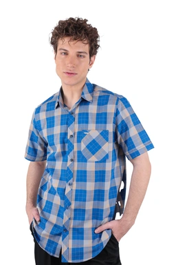 پیراهن آستین کوتاه کلاسیک مردانه طرح چهارخانه آبی