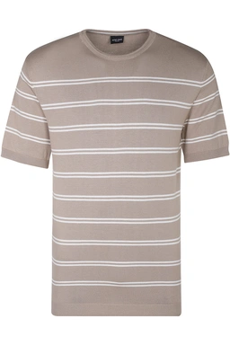 تیشرت بافت یقه گرد مردانه طرح راه راه رنگ نسکافه ای