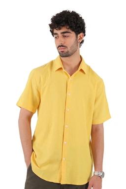 پیراهن آستین کوتاه یقه برگردان لینن مردانه رنگ زرد