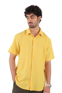 پیراهن آستین کوتاه یقه برگردان لینن مردانه رنگ زرد