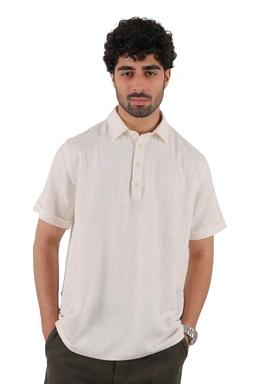 پیراهن آستین کوتاه یقه برگردان لینن مردانه رنگ شیری