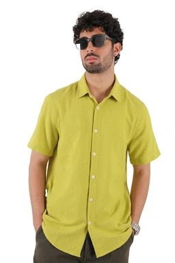پیراهن آستین کوتاه یقه برگردان لینن مردانه رنگ سبز