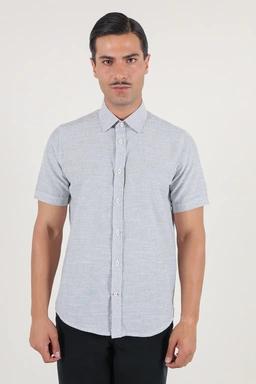 پیراهن نخی مردانه آستین کوتاه طرح راه راه طوسی تیره