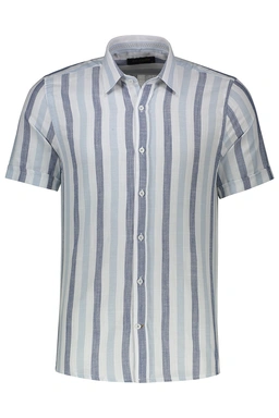 پیراهن آستین کوتاه مردانه نخی طرح راه راه سفید آبی