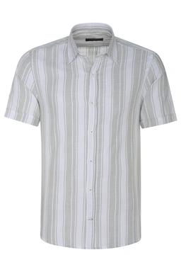 پیراهن آستین کوتاه مردانه نخی طرح راه راه سفید سبز روشن