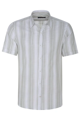 پیراهن آستین کوتاه مردانه نخی طرح راه راه سفید سبز روشن