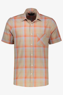 پیراهن آستین کوتاه نخی مردانه طرح چهارخانه رنگ نارنجی و قهوه ای