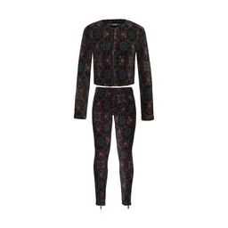 ست نیم تنه و شلوار زنانه طرح دار مشکی رنگ بلوز زیپ دار و شلوار زیپ دار ساخت ایران تولید پاتن جامه کی