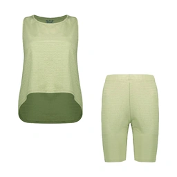 تاپ و شلوارک زنانه مدل قهرمانی تولید پاتن جامه می باشد - یقه گرد - جلوی تاپ کوتاه تر از پشت کار می ب