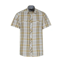 پیراهن آستین کوتاه مردانه طرح چهار خانه رنگ زرد و سفید دارای دو جیب دکمه دار. 
