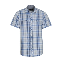 پیراهن آستین کوتاه مردانه طرح چهار خانه رنگ آبی و سفید دارای دو جیب دکمه دار. 