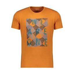 تیشرت آستین کوتاه چاپدار رنگ آجری پاتن جامه. تی شرت یقه گرد آستین کوتاه.