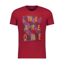 تیشرت آستین کوتاه چاپدار رنگ زرشکی پاتن جامه. تی شرت یقه گرد آستین کوتاه.