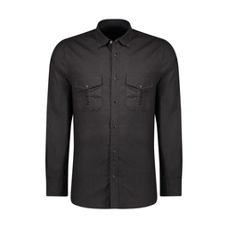 پیراهن آستین بلند مردانه رنگ طوسی تیره دو جیب در دار.  مدل رگولار پاتن جامه.