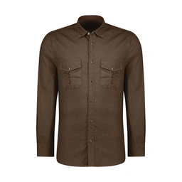 پیراهن آستین بلند مردانه رنگ قهوه ای دو جیب در دار.  مدل رگولار پاتن جامه.