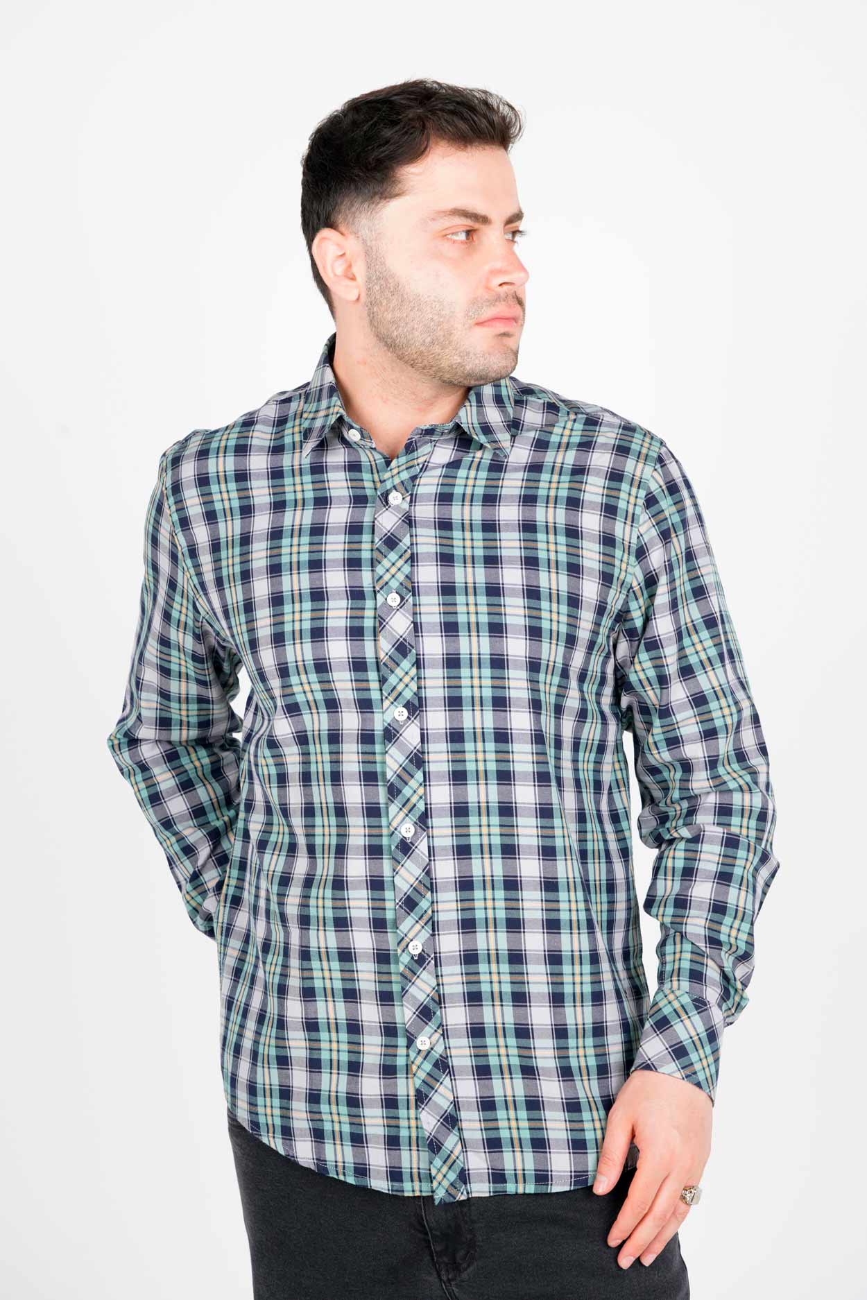 پیراهن آستین بلند یقه برگردان چهارخانه مردانه