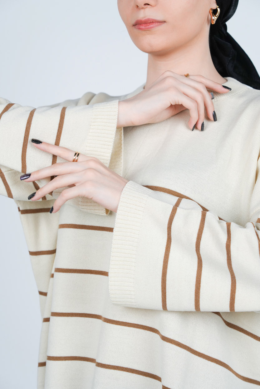 بافت یقه گرد راه راه آستین بلند زنانه 