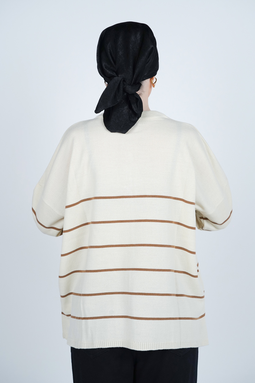 بافت یقه گرد راه راه آستین بلند زنانه 