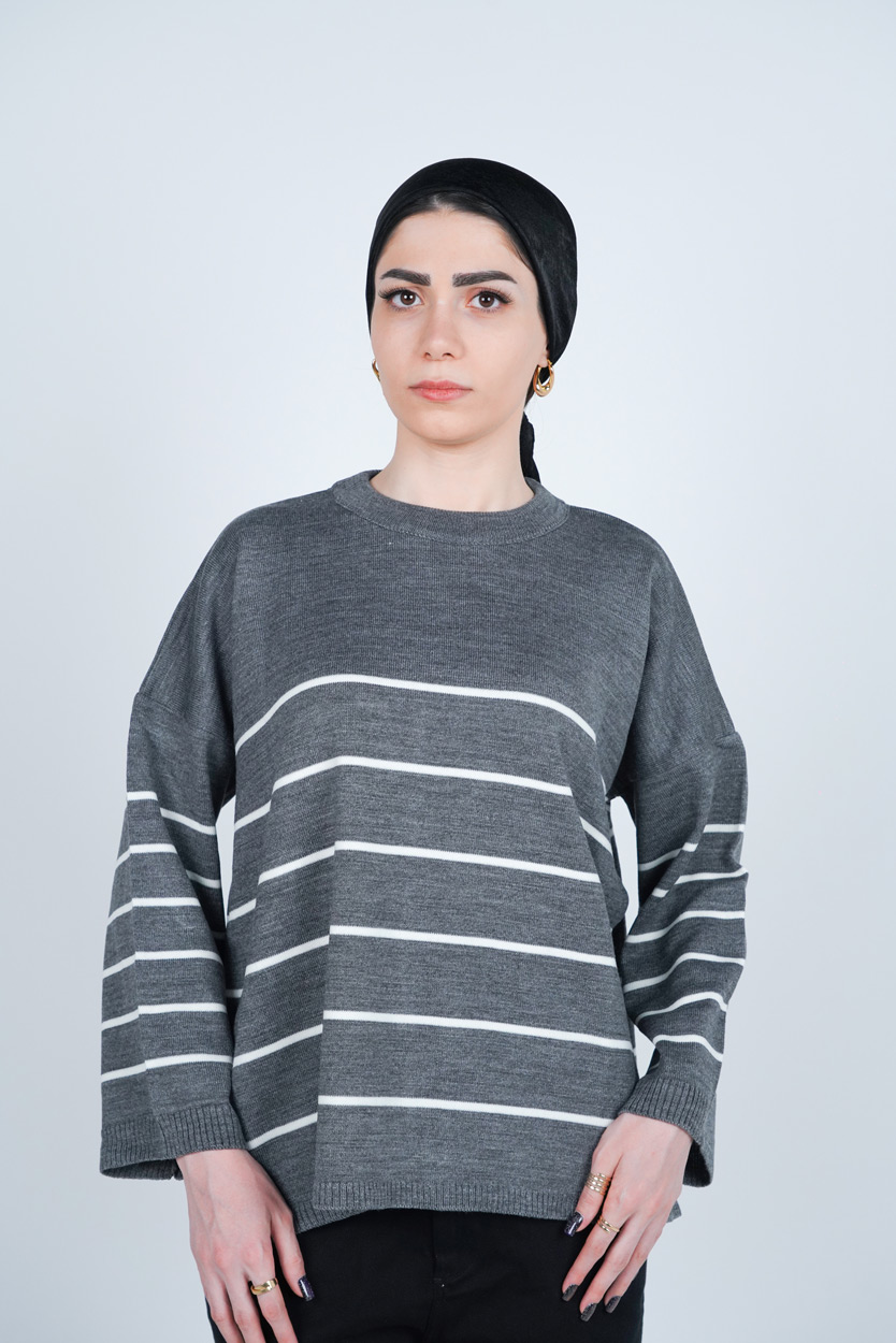 بافت یقه گرد راه راه آستین بلند زنانه