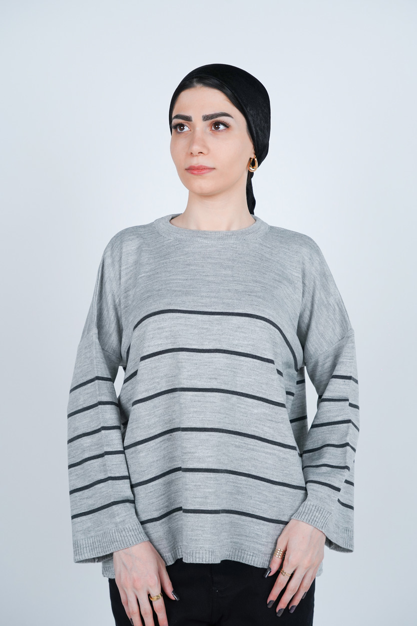 بافت یقه گرد راه راه آستین بلند زنانه 