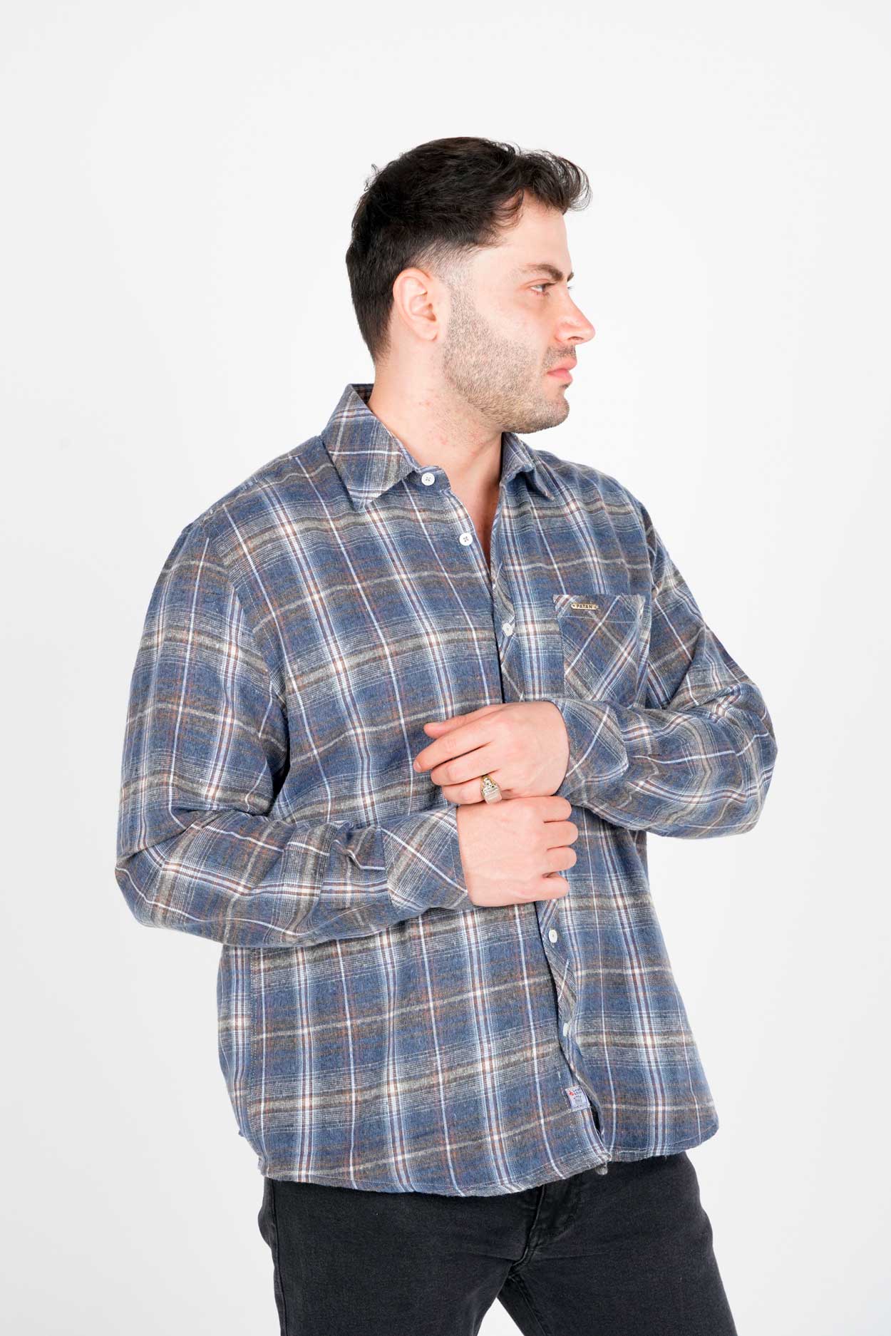 پیراهن آستین بلند پشمی یقه برگردان چهارخانه مردانه 