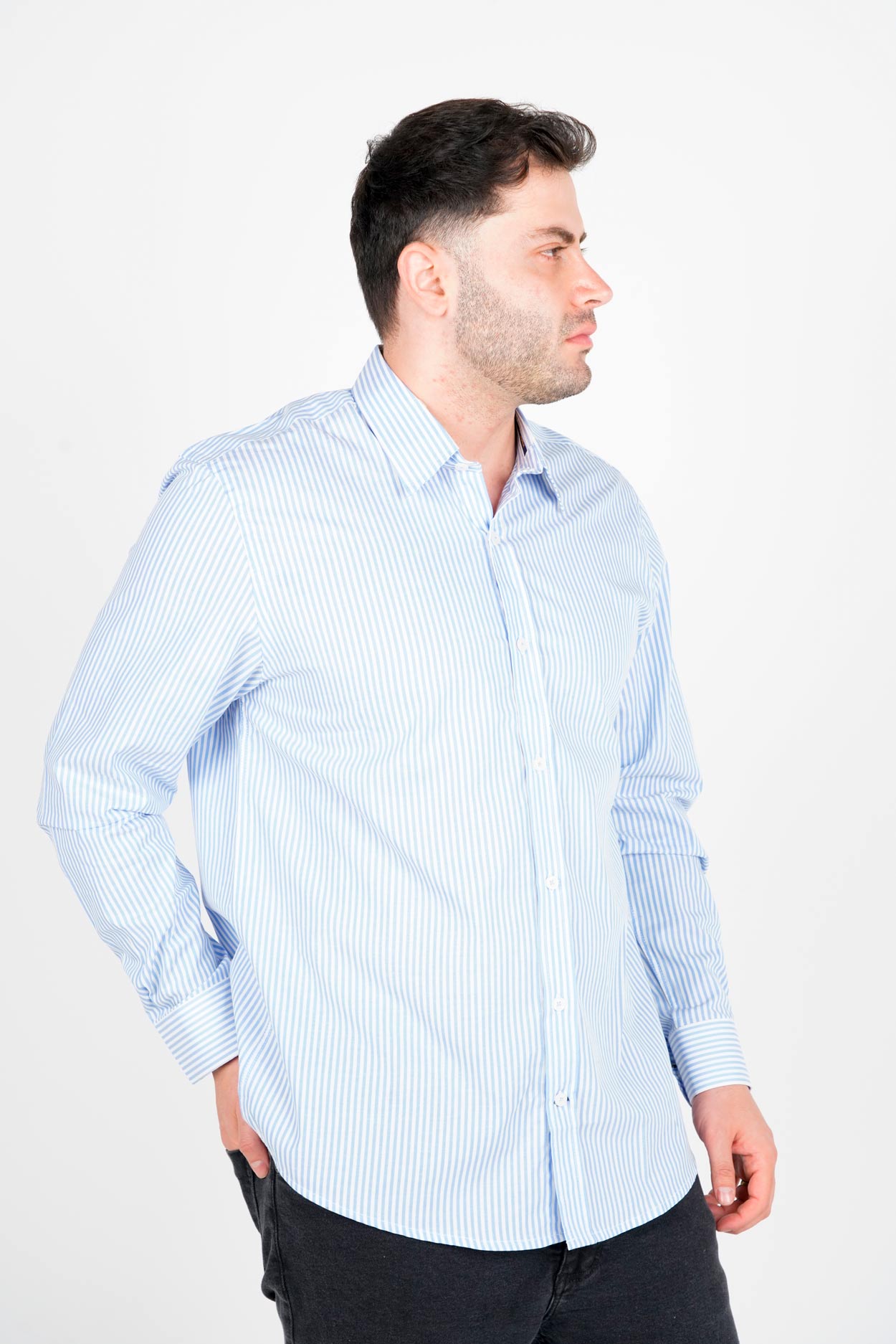 پیراهن آستین بلند یقه برگردان راه راه مردانه