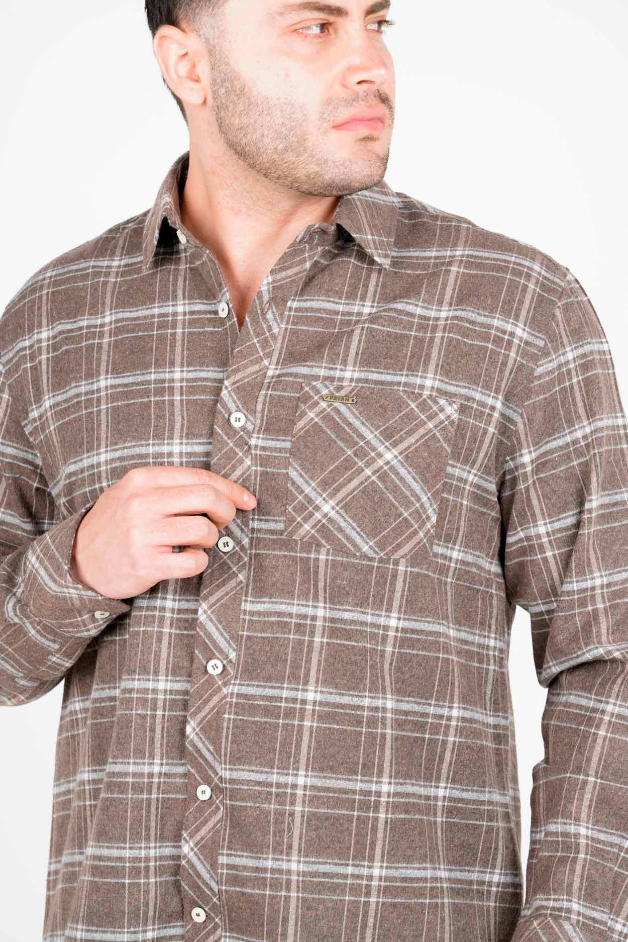 پیراهن آستین بلند پشمی یقه برگردان چهارخانه مردانه 