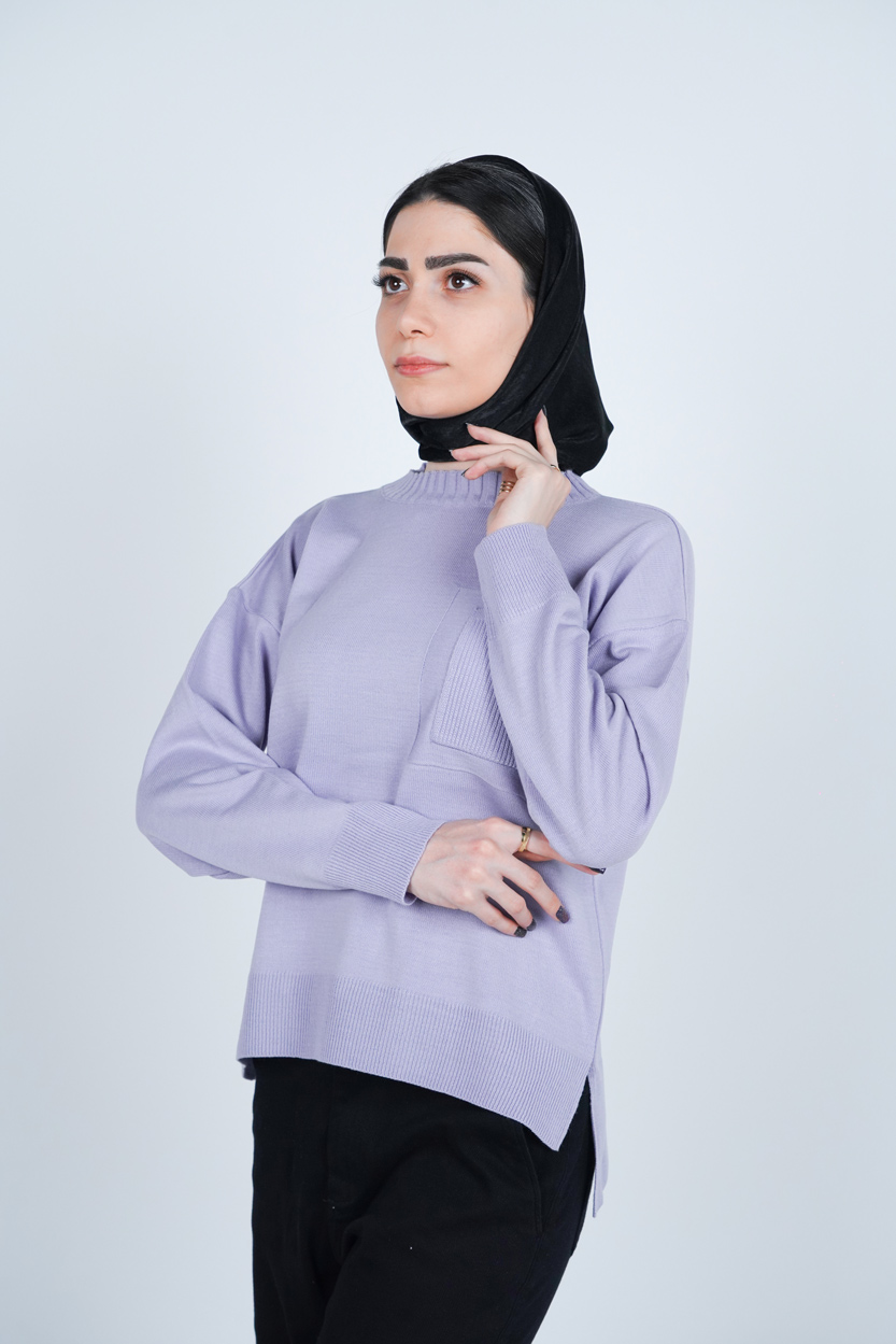 بافت یقه گرد آستین بلند جیب دار زنانه 