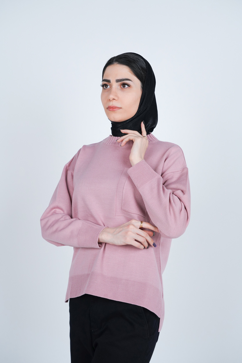 بافت یقه گرد آستین بلند جیب دار زنانه 