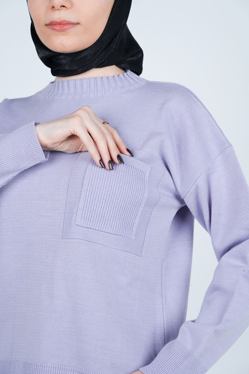 بافت یقه گرد آستین بلند جیب دار زنانه 