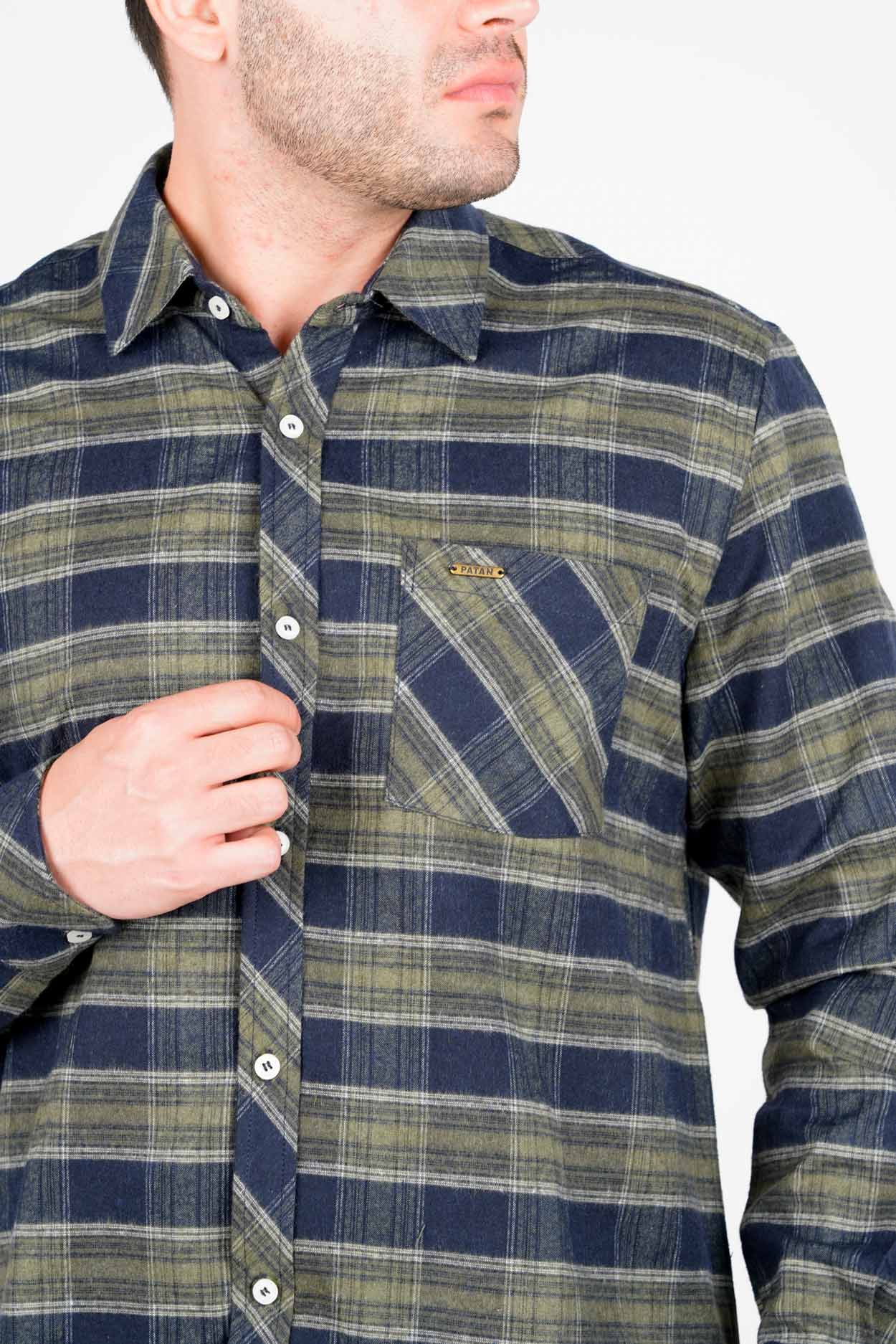 پیراهن آستین بلند پشمی یقه برگردان چهارخانه مردانه 