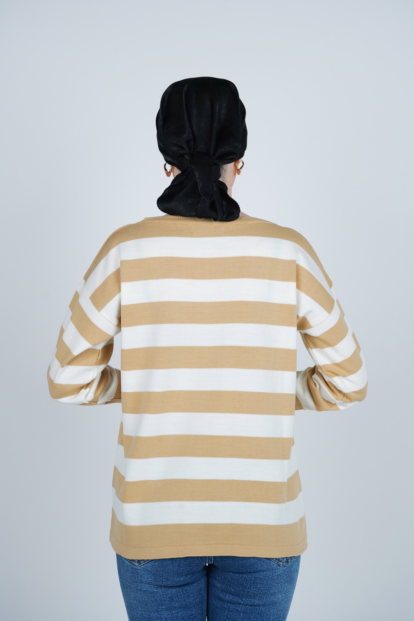 بافت آستین بلند یقه گرد راه راه زنانه 