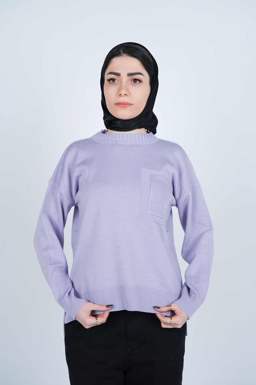 بافت یقه گرد آستین بلند جیب دار زنانه 