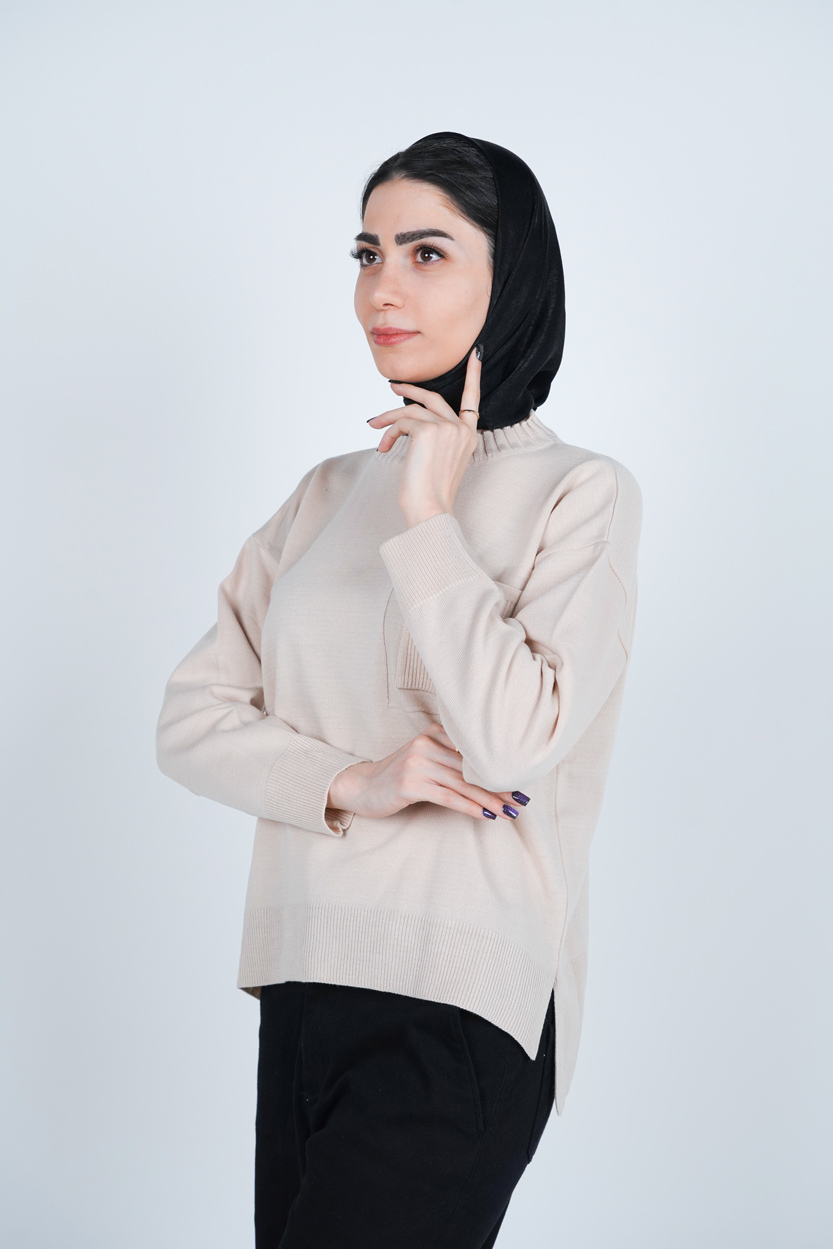 بافت یقه گرد آستین بلند جیب دار زنانه 