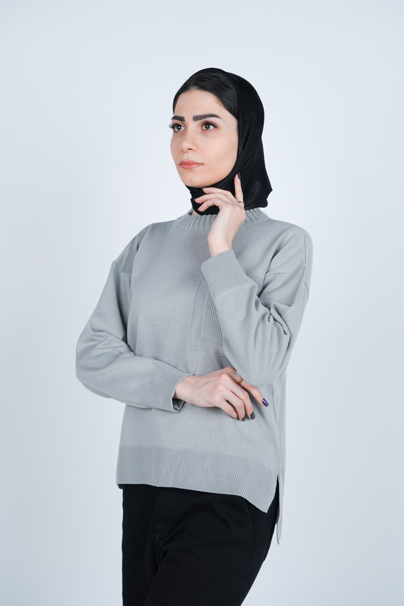 بافت یقه گرد آستین بلند جیب دار زنانه 