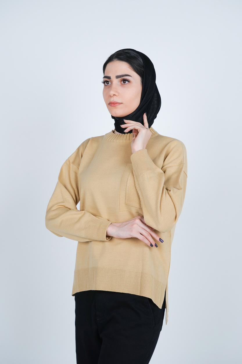 بافت یقه گرد آستین بلند جیب دار زنانه 