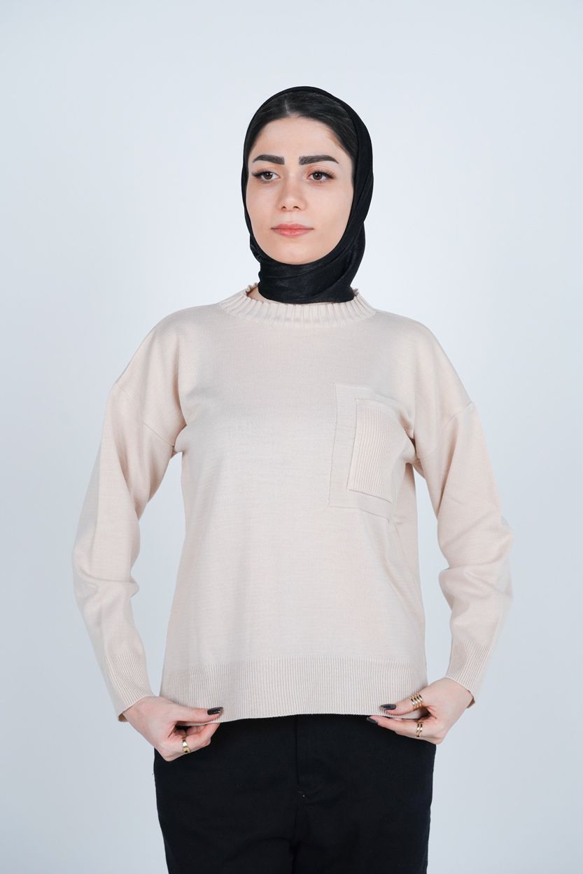 بافت یقه گرد آستین بلند جیب دار زنانه 