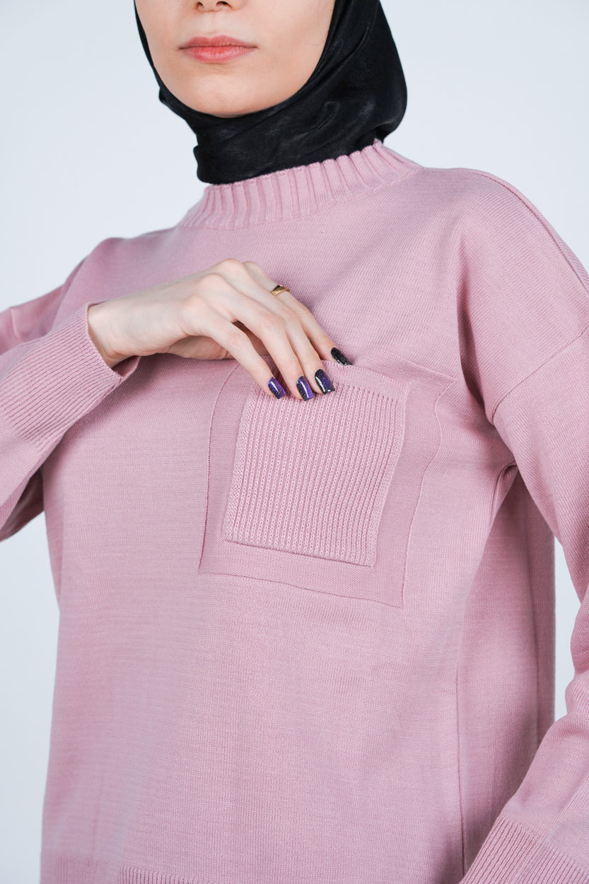 بافت یقه گرد آستین بلند جیب دار زنانه 