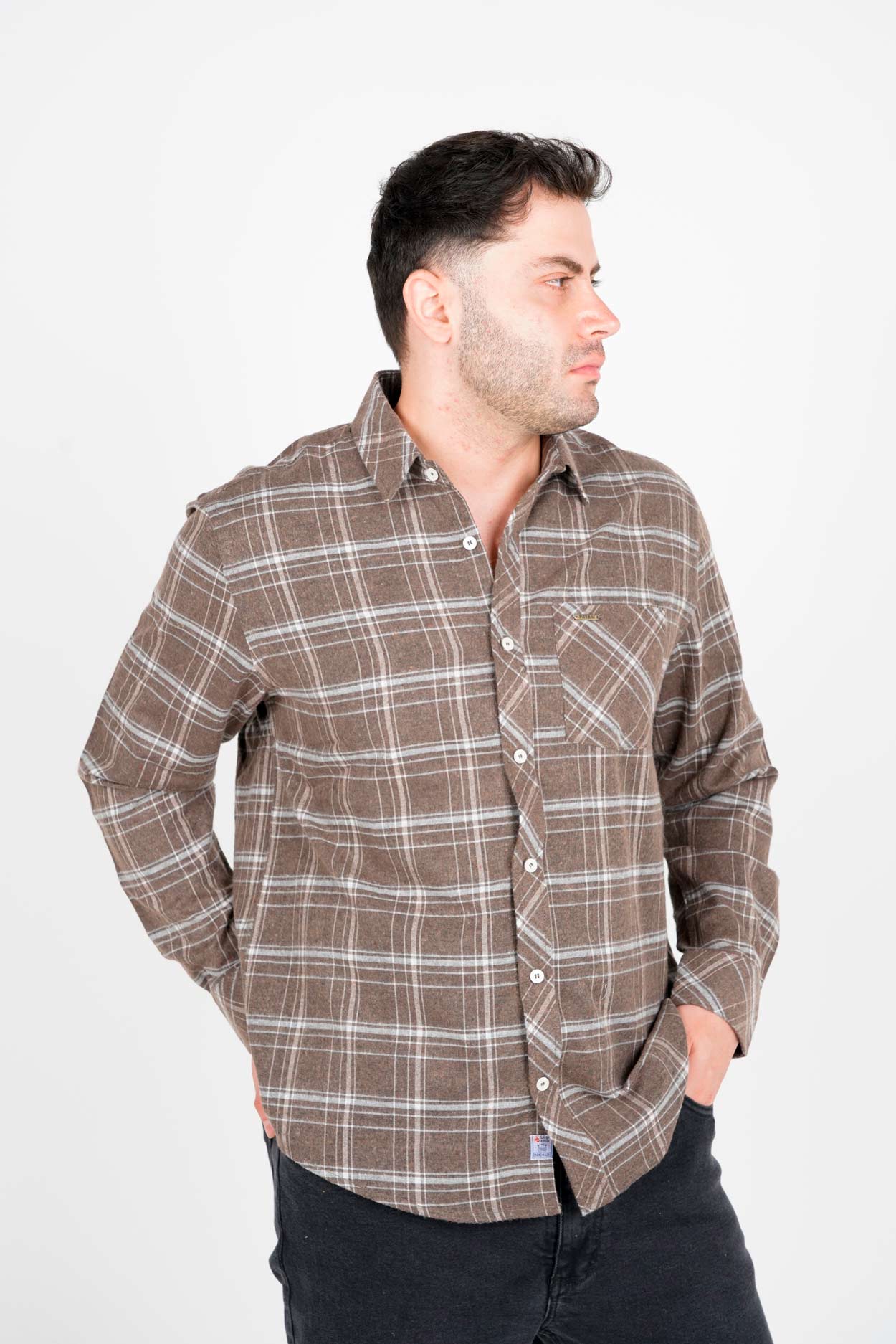 پیراهن آستین بلند پشمی یقه برگردان چهارخانه مردانه 